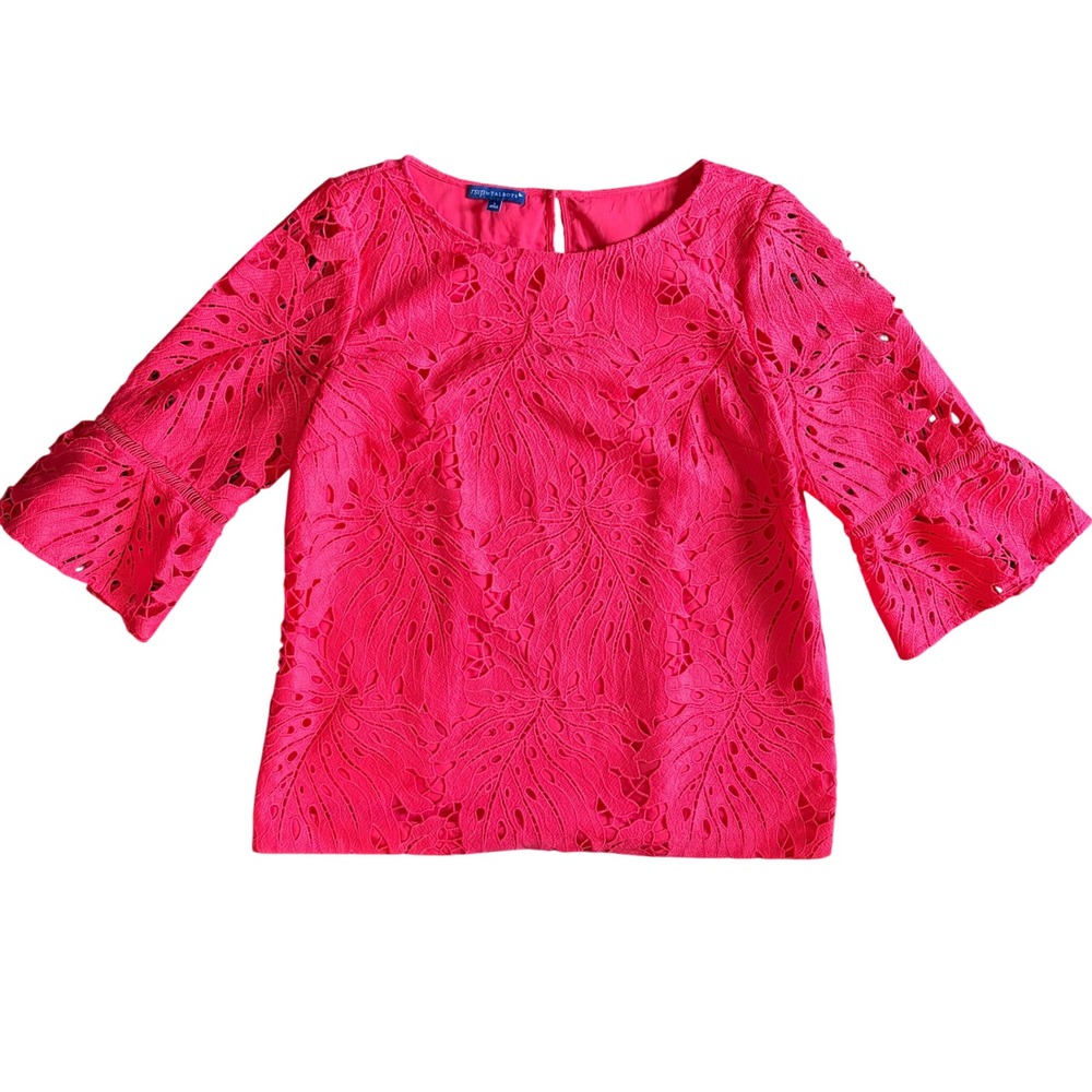 RSVP by Talbots Pink Tropical Leaf Eyelet Lace 3/4 Bell Sleeve Blouse Large